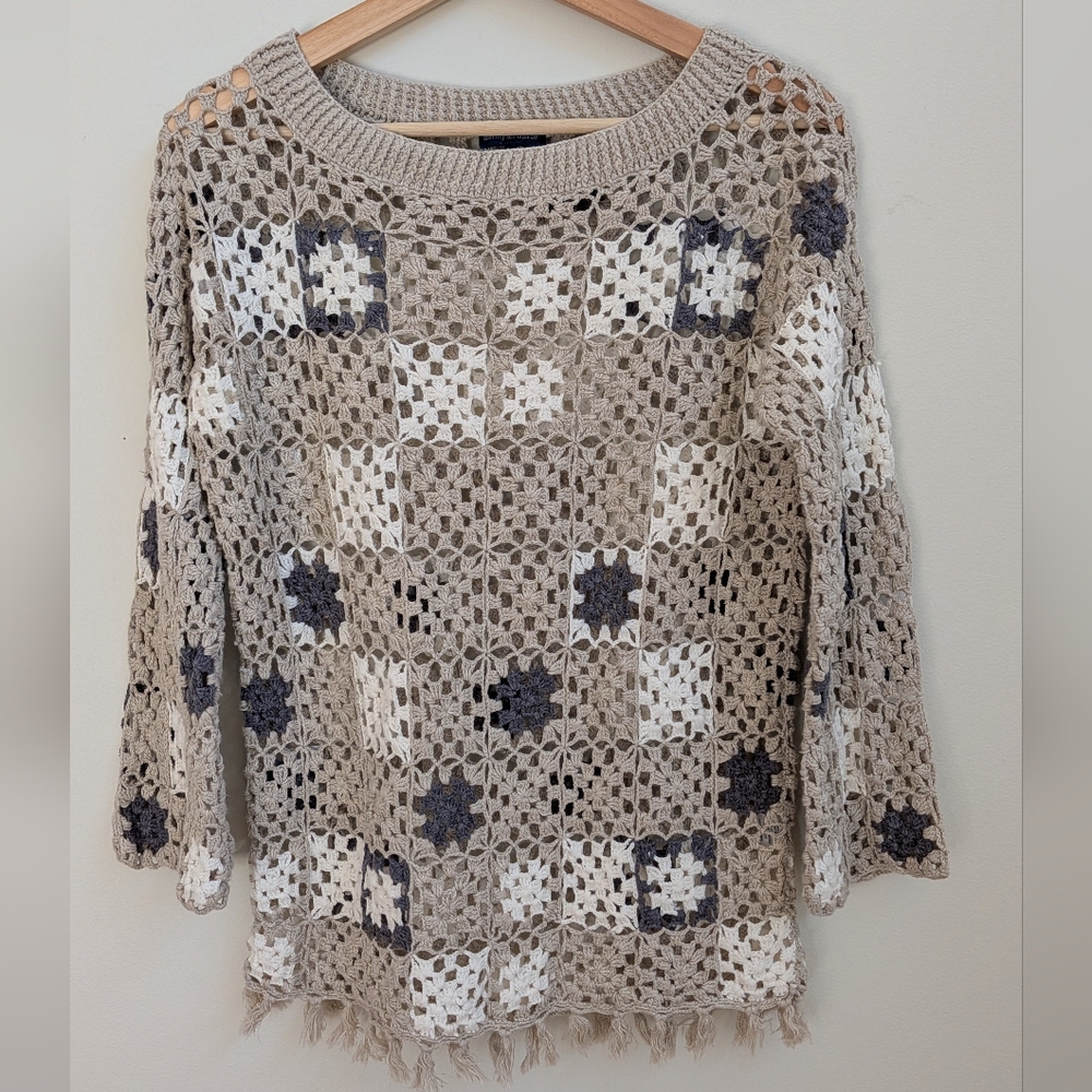 Henny & Paulie Crochet Granny Square Sweater Cotton Linen Blend Size Small